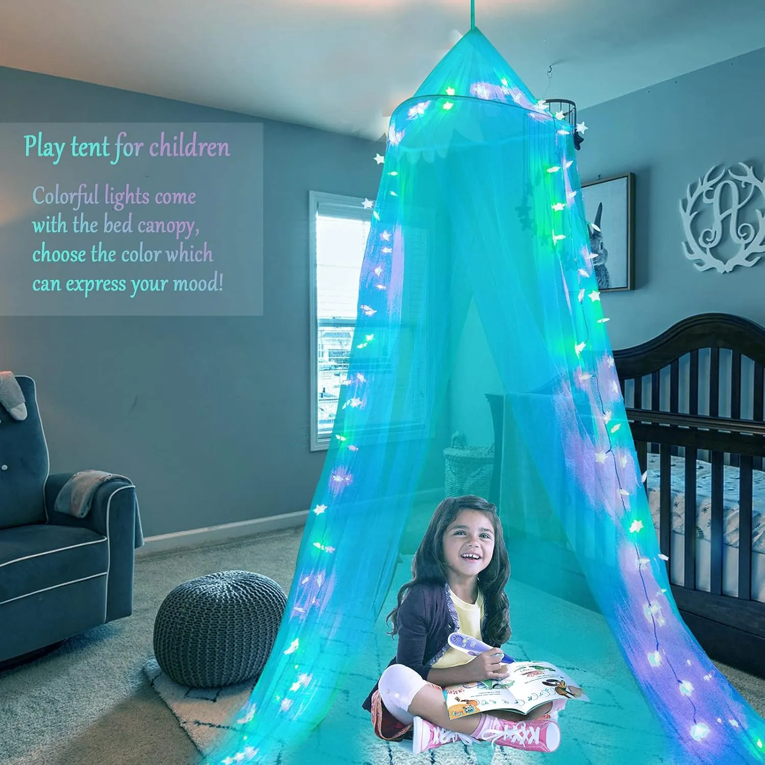 Obrecis Pink Bed Canopy for Girls, Bedroom Decor Princess Canopy Bed Curtain with Lights, 100 LED Star Fairy String Lights Hanging Dome Bed Tent with Remote for Twin to King Size Bed