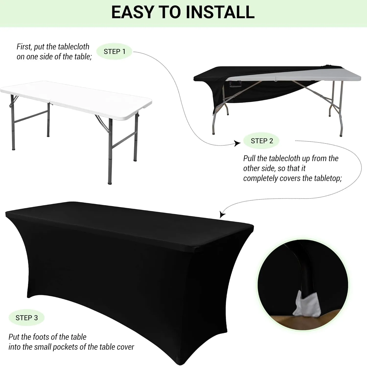 Obstal 6ft Stretch Black Spandex Table Cloth for Standard Folding Tables - 2 Pack Universal Rectangular Fitted Tablecloth Protector for Wedding, Trade Show, Vendor Stand