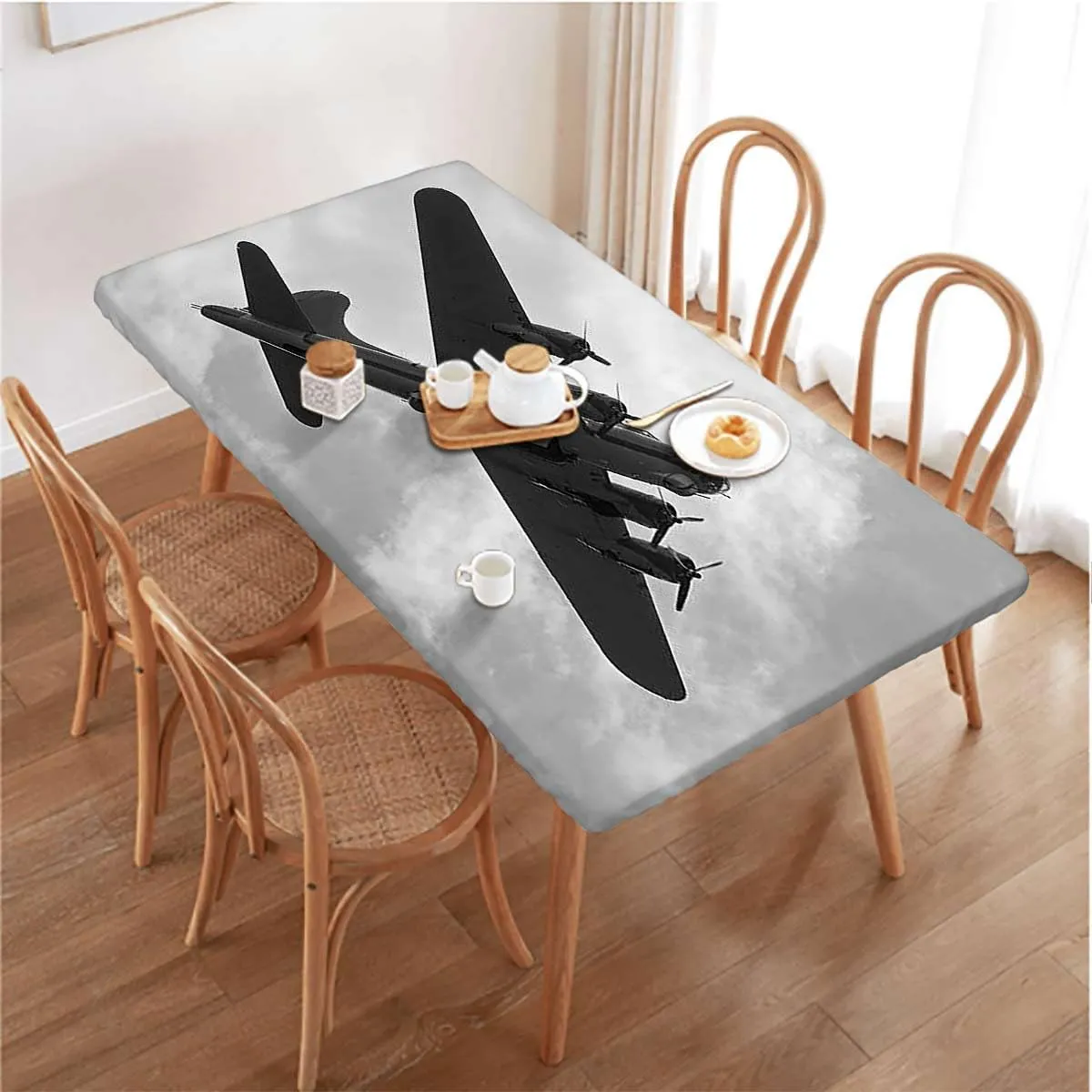 OOzie Black White Tablecloth for Folding Table Jets from Battle Royal Air Force Elastic Edge Fitted Tablecloth for Rectangle Table Airplane Fits up 4 Foot Tables