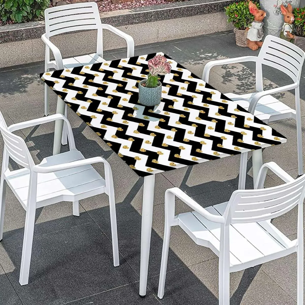 OOzie Charcoal Grey Gold Rectangle Table Cloth Cover, Horizontal Zigzag Pattern Waterproof Elastic Table Cover, for Outdoor Picnics/Travel/Holiday/Party Abstract Fits up 4 Foot Tables