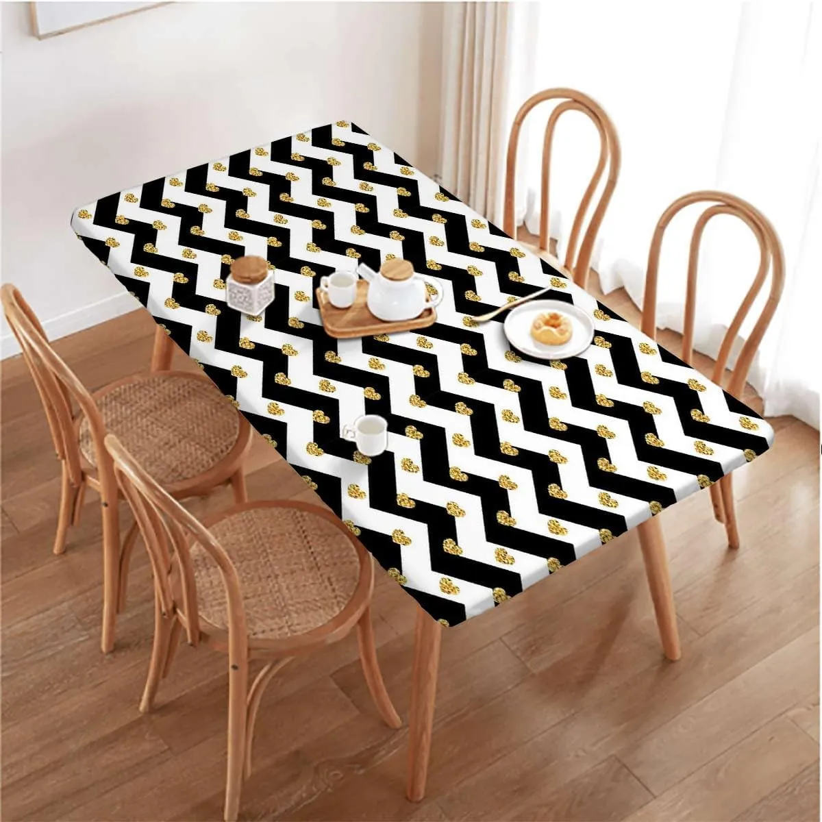 OOzie Charcoal Grey Gold Rectangle Table Cloth Cover, Horizontal Zigzag Pattern Waterproof Elastic Table Cover, for Outdoor Picnics/Travel/Holiday/Party Abstract Fits up 4 Foot Tables