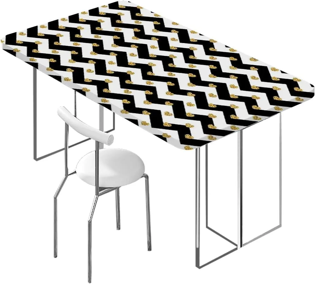 OOzie Charcoal Grey Gold Rectangle Table Cloth Cover, Horizontal Zigzag Pattern Waterproof Elastic Table Cover, for Outdoor Picnics/Travel/Holiday/Party Abstract Fits up 4 Foot Tables