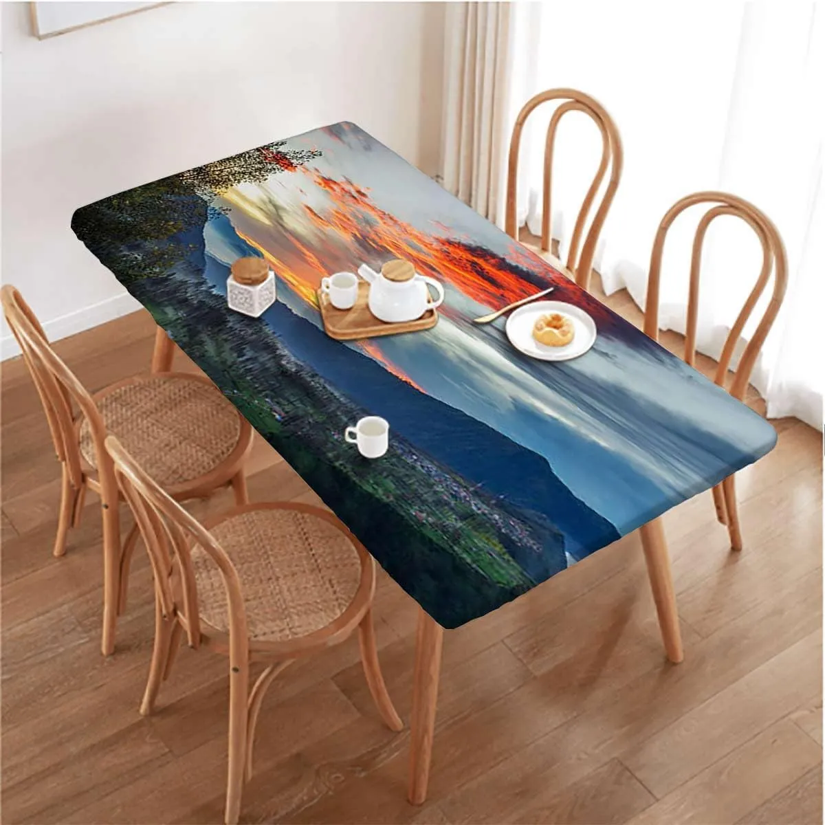OOzie Multi Elastic Tablecloth for Indoors Outdoors Forest Lake River Mountain Landscape Elastic Tablecloth for Rectangle Table for Outdoor Picnics Dining Holiday Fits up 4 Foot Tables