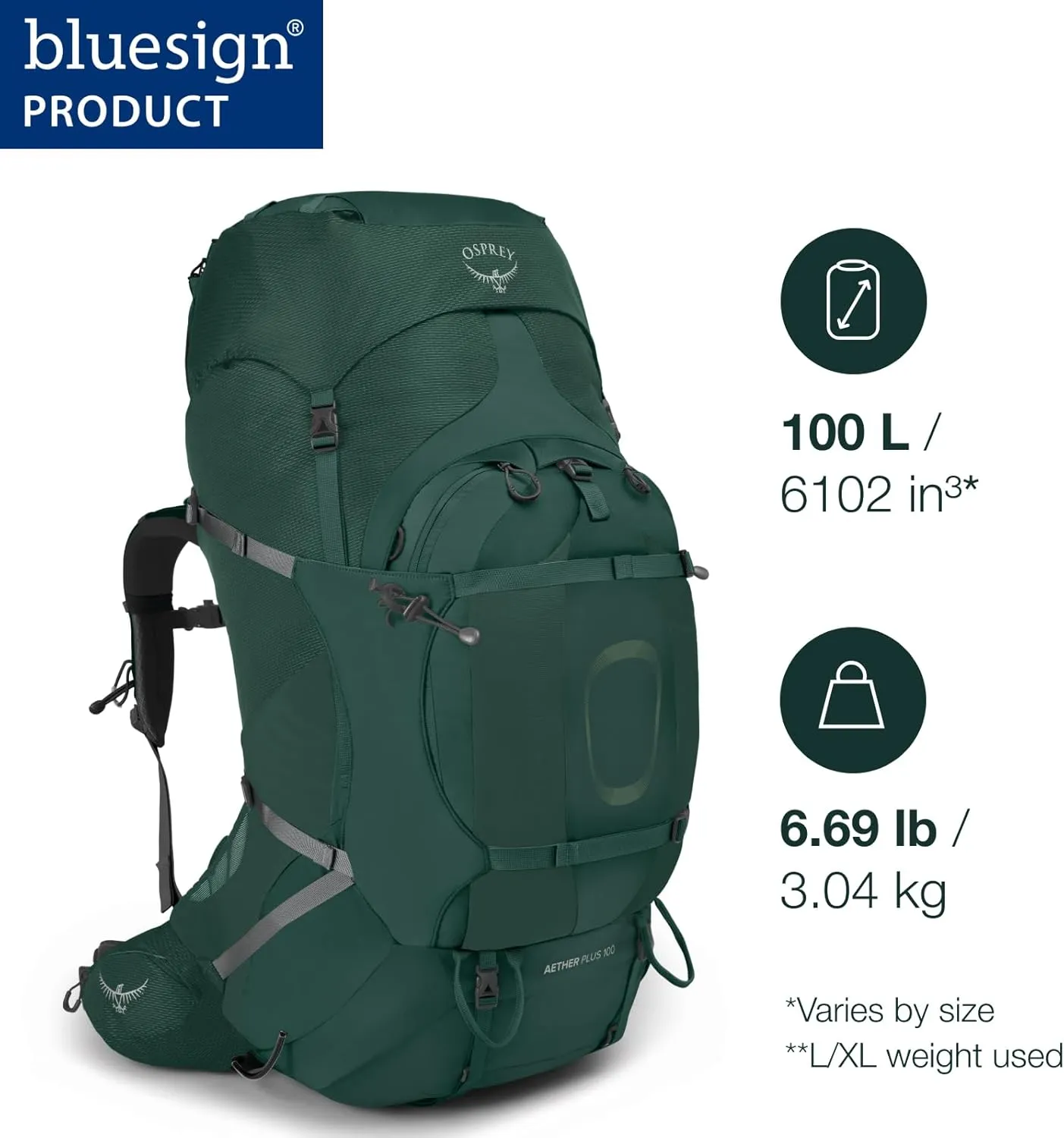 Osprey Aether Plus 100L Men's Backpacking Backpack, Black, L/XL