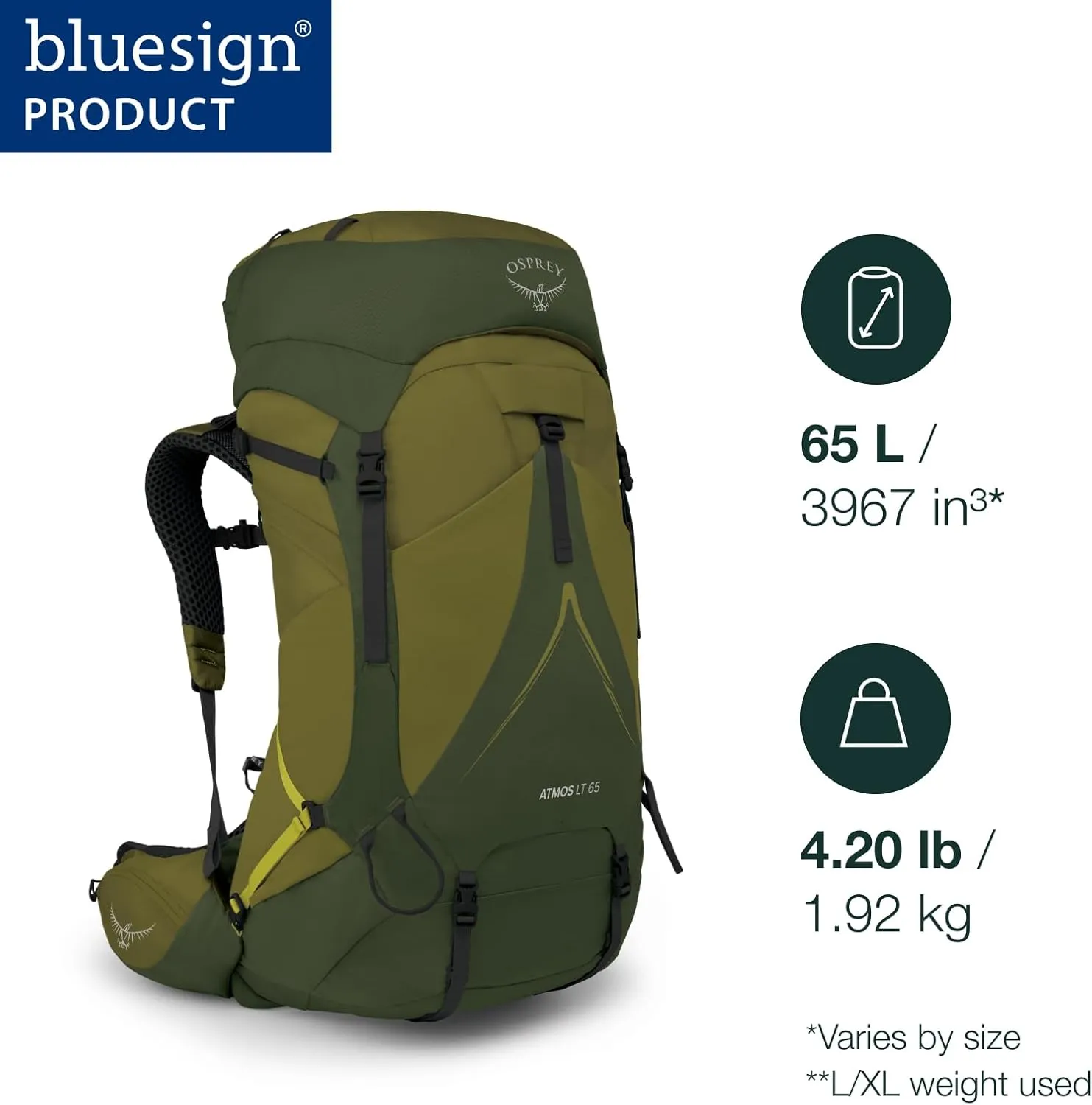 Osprey Atmos AG LT 65L Men's Backpacking Backpack, Night Shift/Scoria Blue, L/XL