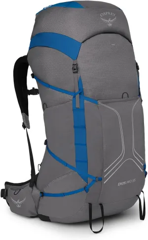 Osprey Exos Pro 55L Men's Backpacking Backpack, Dale Grey/Agam Blue, S/M