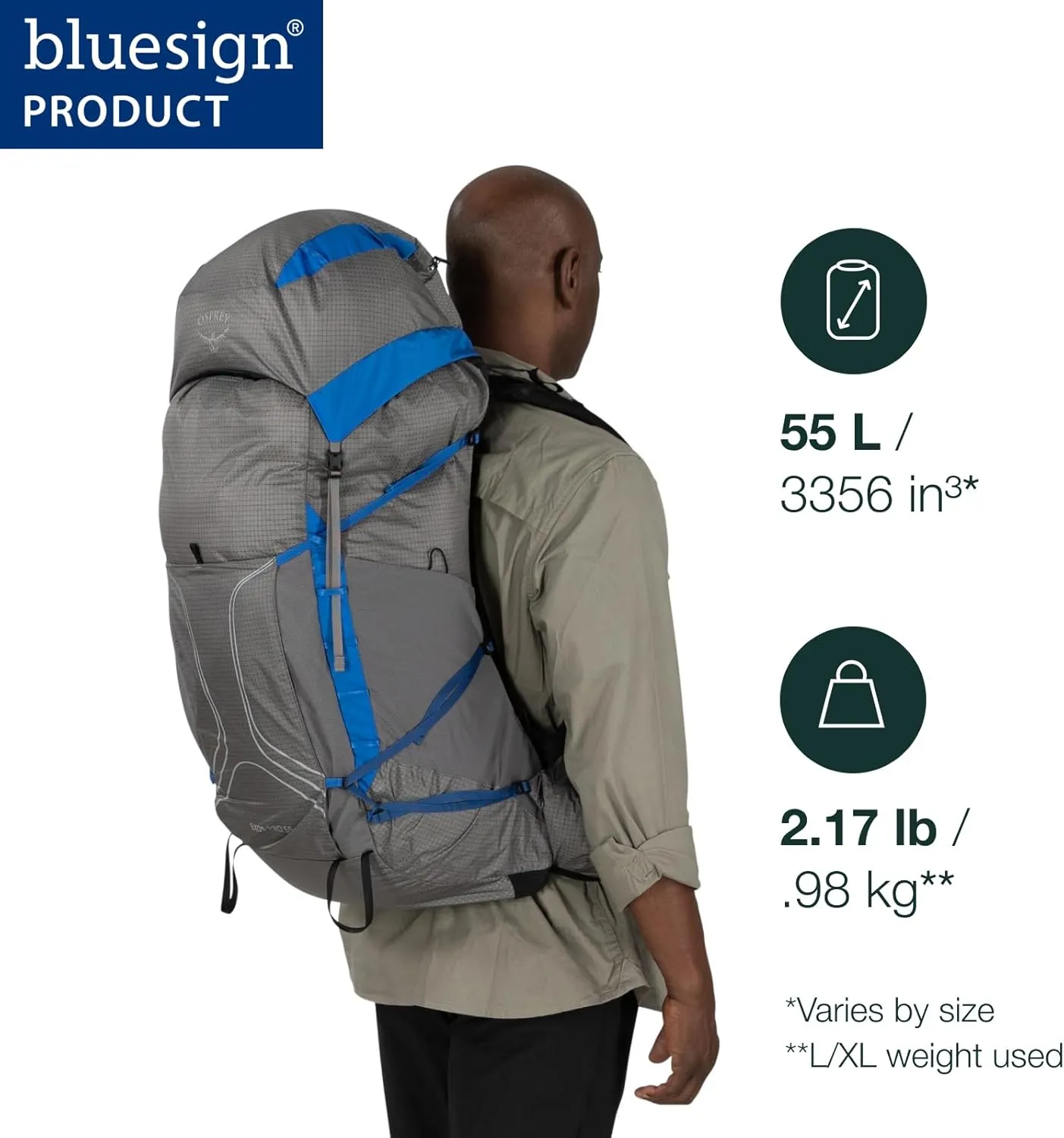 Osprey Exos Pro 55L Men's Backpacking Backpack, Dale Grey/Agam Blue, S/M