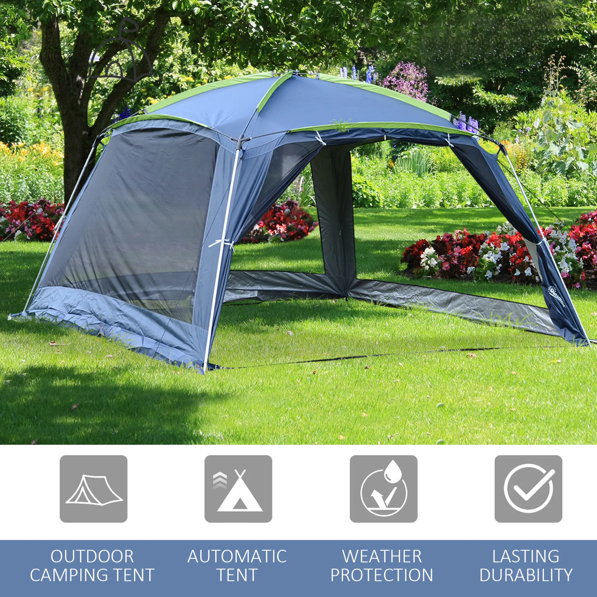 Outsunny 5-8 Person Camping Tent, Portable Dome Tent, Outdoor Screen House Sun Shelter, 360x355x215cm - Dark Blue/Green