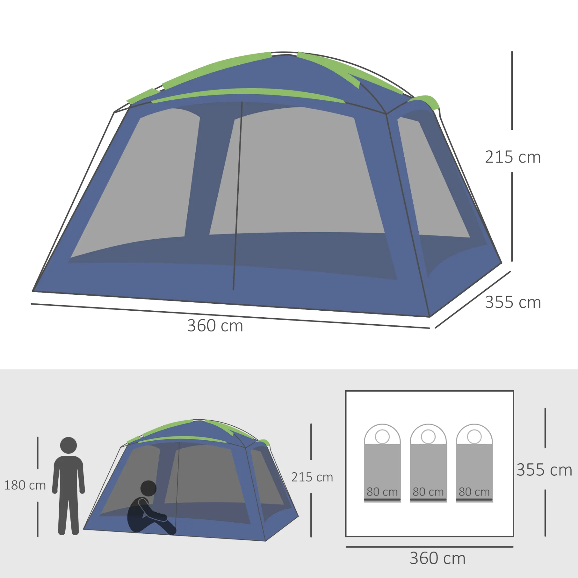 Outsunny 5-8 Person Camping Tent, Portable Dome Tent, Outdoor Screen House Sun Shelter, 360x355x215cm - Dark Blue/Green