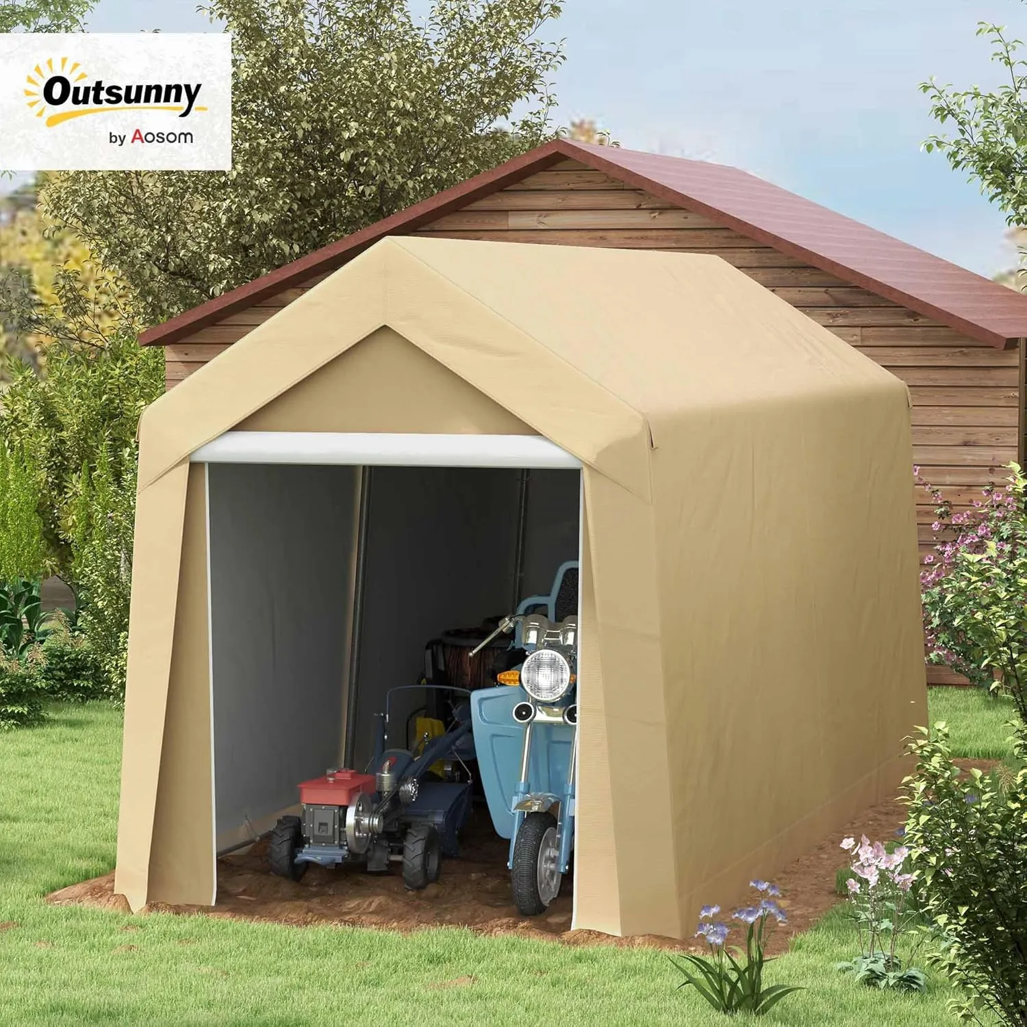 Outsunny 7' x 12' Portable Storage Shed Shelter, Heavy Duty Outdoor Shed, Waterproof Garden Storage Tent with Ventilation Window and Roll-up Zipper Door for Bike, Motorcycle, Garden Tools, Beige