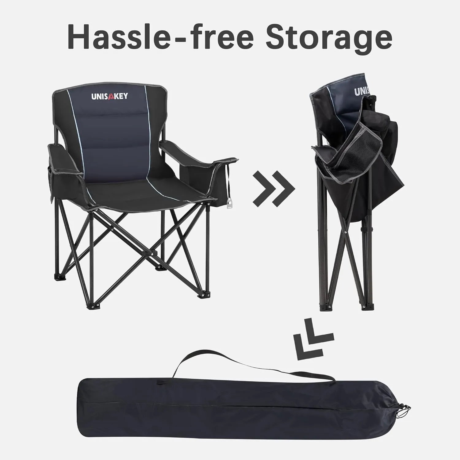 Oversized Folding Camping Chair with Cooler Bag & Cup Holder - 450lbs Capacity, 600D Oxford Fabric, Portable Rocking Chair for Fishing, Camping, Beach, Garden, Black 2 Pack