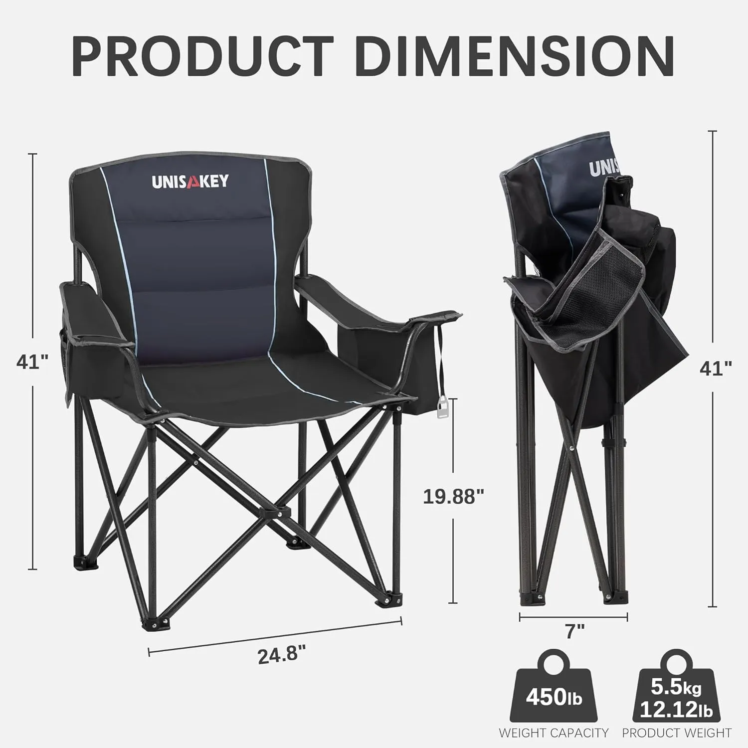Oversized Folding Camping Chair with Cooler Bag & Cup Holder - 450lbs Capacity, 600D Oxford Fabric, Portable Rocking Chair for Fishing, Camping, Beach, Garden, Black 2 Pack