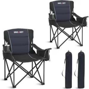 Oversized Folding Camping Chair with Cooler Bag & Cup Holder - 450lbs Capacity, 600D Oxford Fabric, Portable Rocking Chair for Fishing, Camping, Beach, Garden, Black 2 Pack