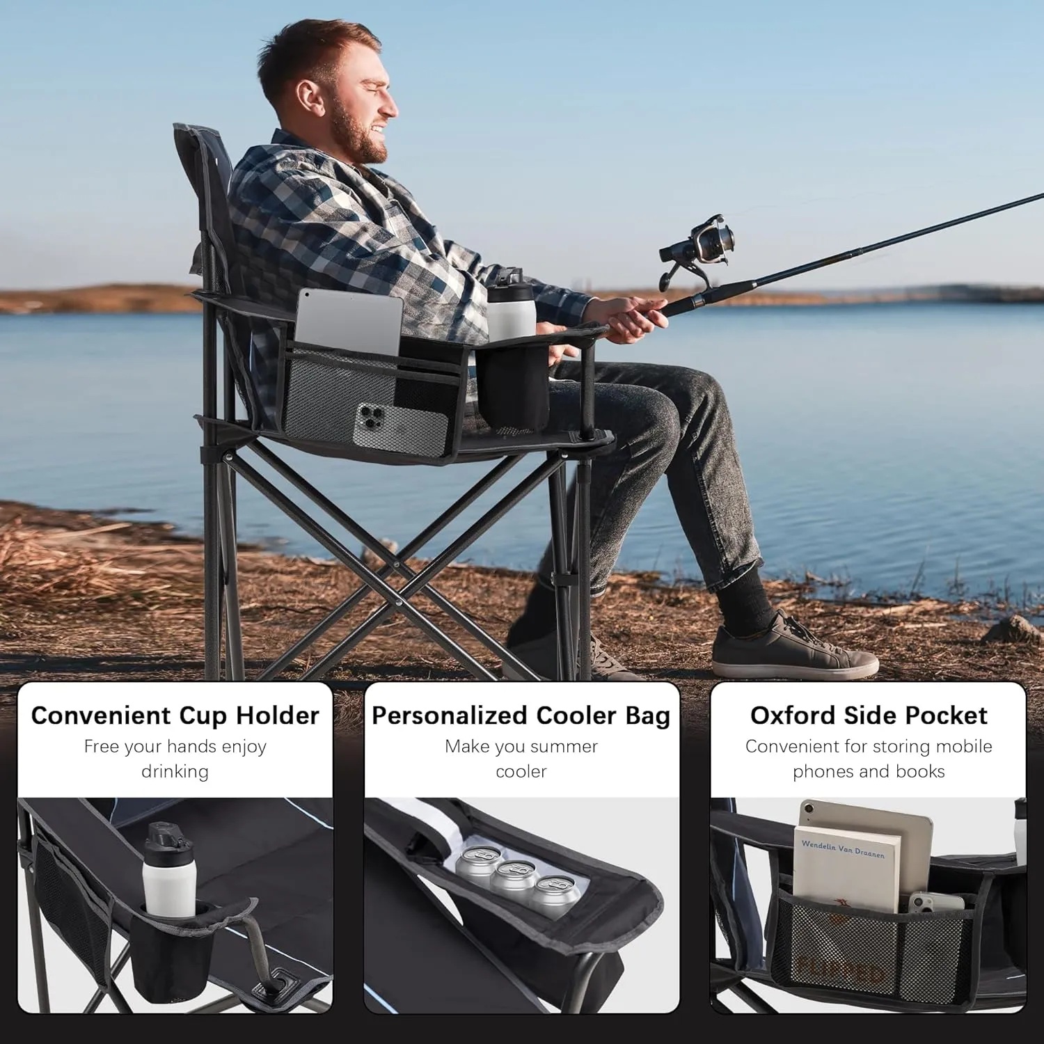 Oversized Folding Camping Chair with Cooler Bag & Cup Holder - 450lbs Capacity, 600D Oxford Fabric, Portable Rocking Chair for Fishing, Camping, Beach, Garden, Black 2 Pack