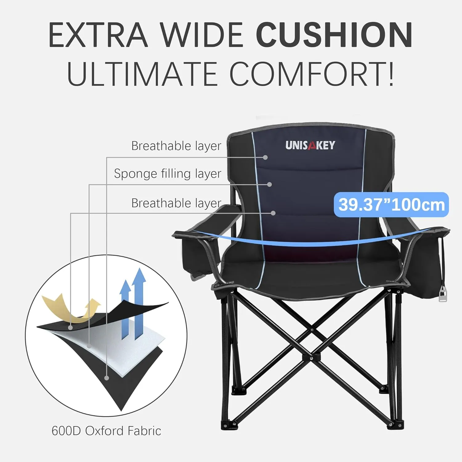 Oversized Folding Camping Chair with Cooler Bag & Cup Holder - 450lbs Capacity, 600D Oxford Fabric, Portable Rocking Chair for Fishing, Camping, Beach, Garden, Black 2 Pack