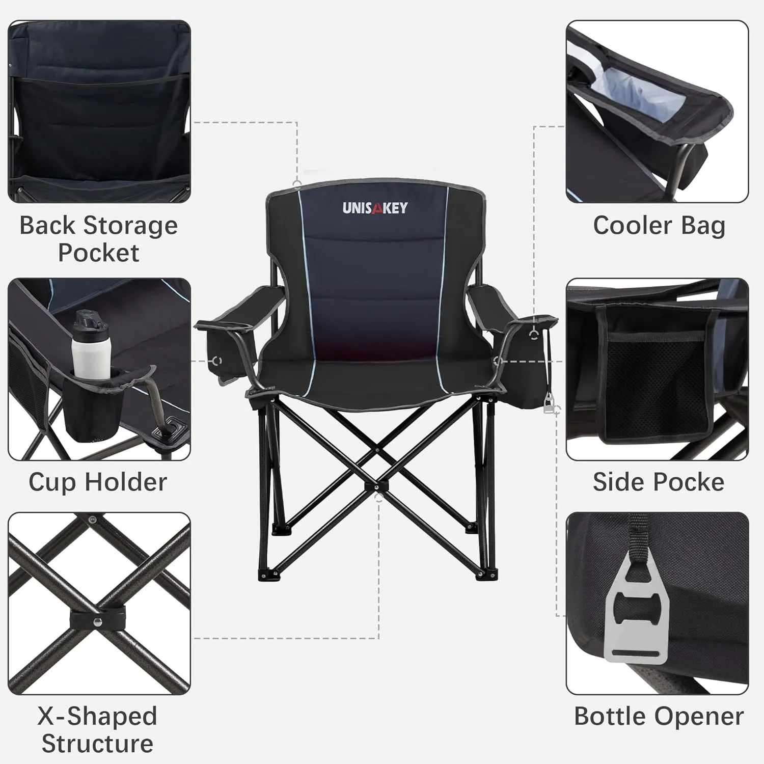 Oversized Folding Camping Chair with Cooler Bag & Cup Holder - 450lbs Capacity, 600D Oxford Fabric, Portable Rocking Chair for Fishing, Camping, Beach, Garden, Black 2 Pack