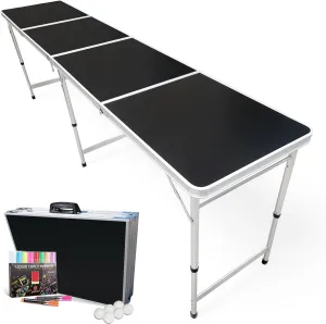 PartyPong 8-Foot Folding Pong Table w/LED Lights, Erasable Markers & Pong Balls - Black Erasable Surface