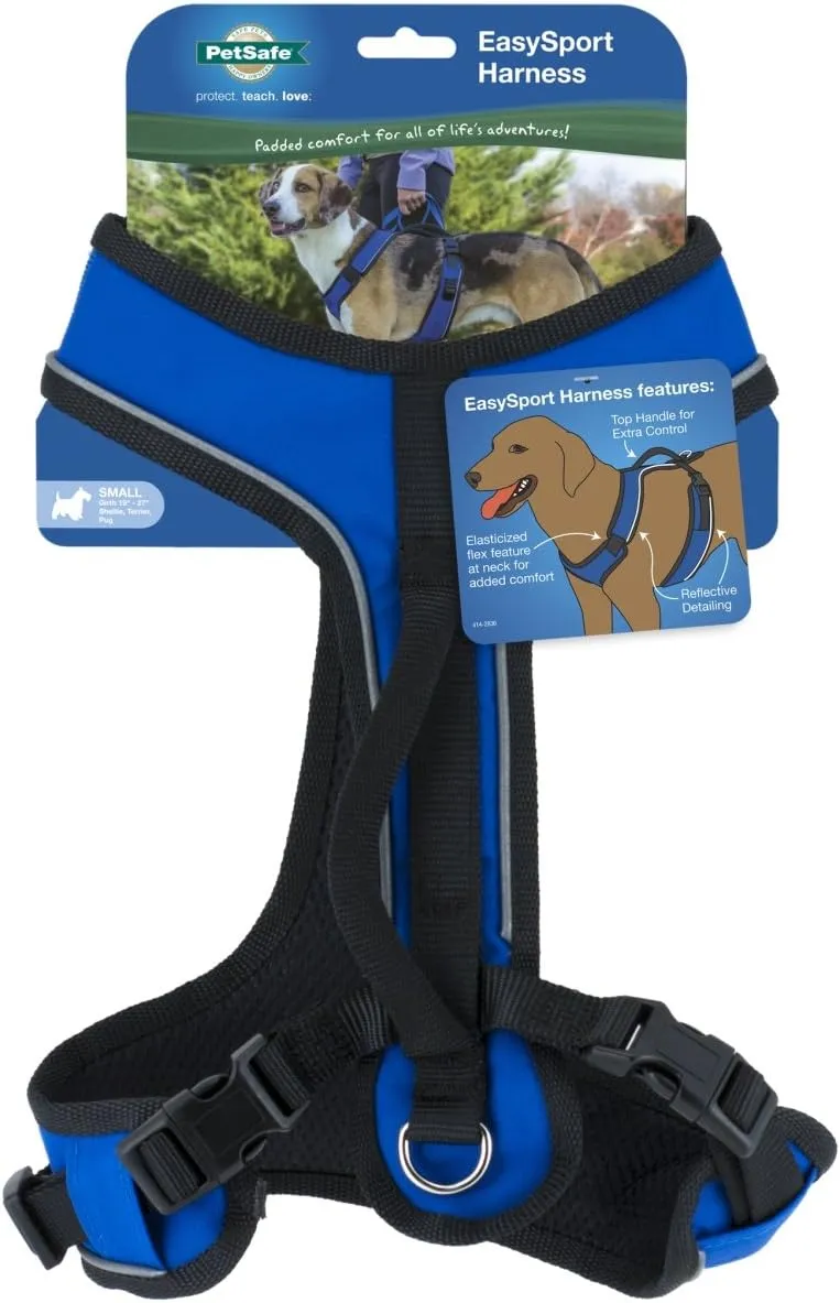 PetSafe EasySport Dog Harness – Adjustable, Padded Dog Harness with Control Handle and Reflective Piping – Small, Blue