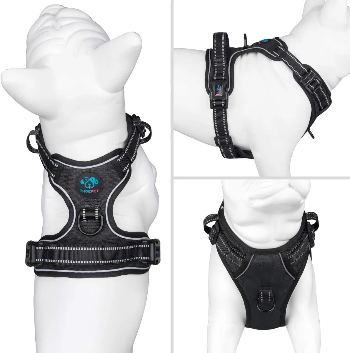 PHOEPET No Pull Dog Harnesses for Small Puppies Reflective Adjustable Front Clip Vest with 2 Metal Leash Attachment Hooks Soft Handle (S, Black)