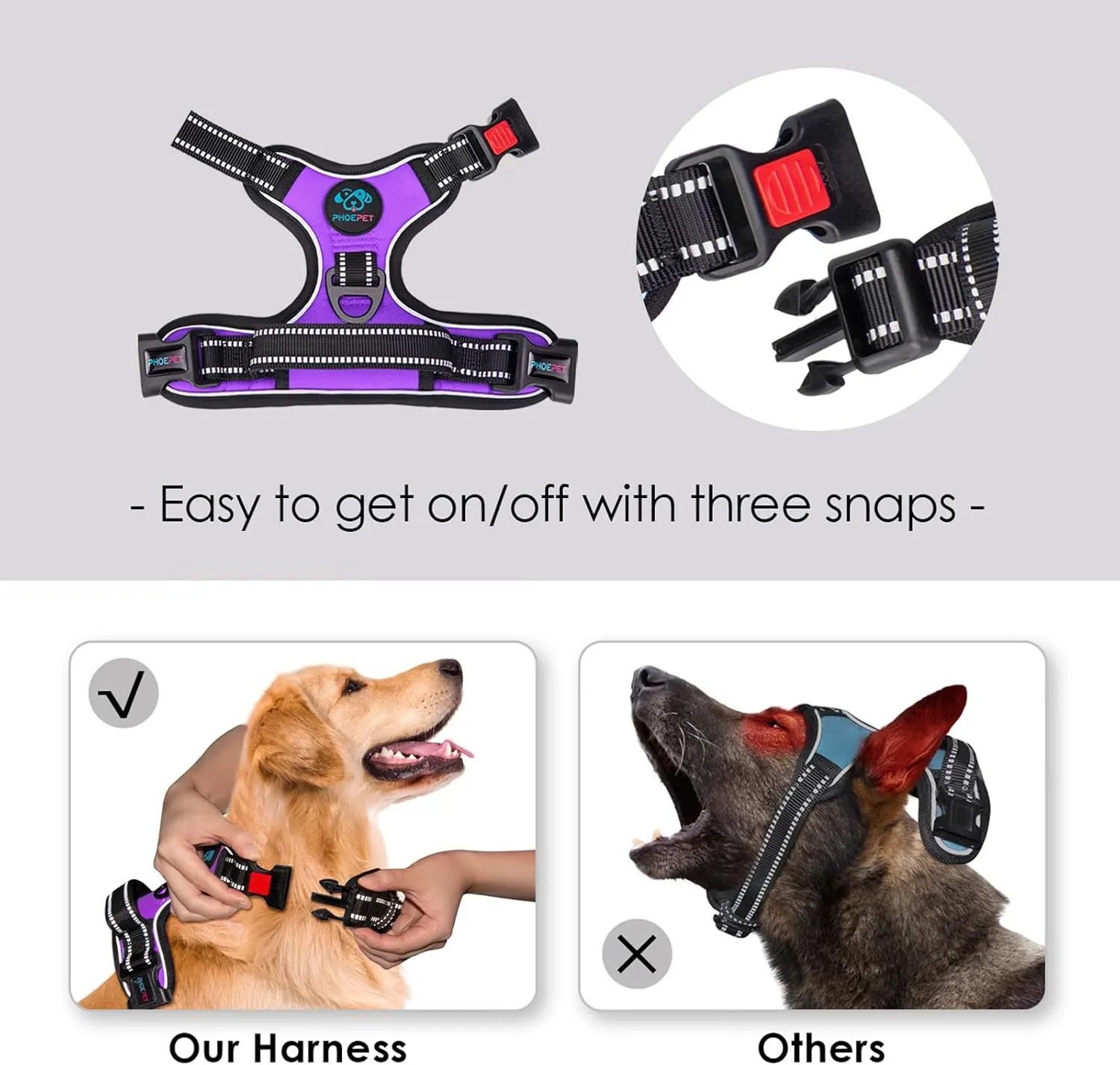 PHOEPET Reflective Dog Harness Large Breed Adjustable No Pull Vest with Handle 2 Metal Rings 3 Buckles [Easy to Put on & Take Off](XL, Purple)