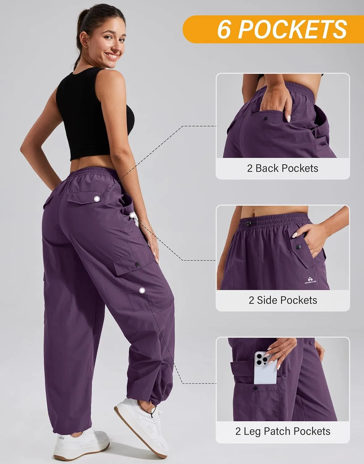 Pioneer Camp Cargo Pants Women Baggy Parachute Pants Woman with 6 Pockets Quick Dry Lightweight Hiking Travel Pants Trousers