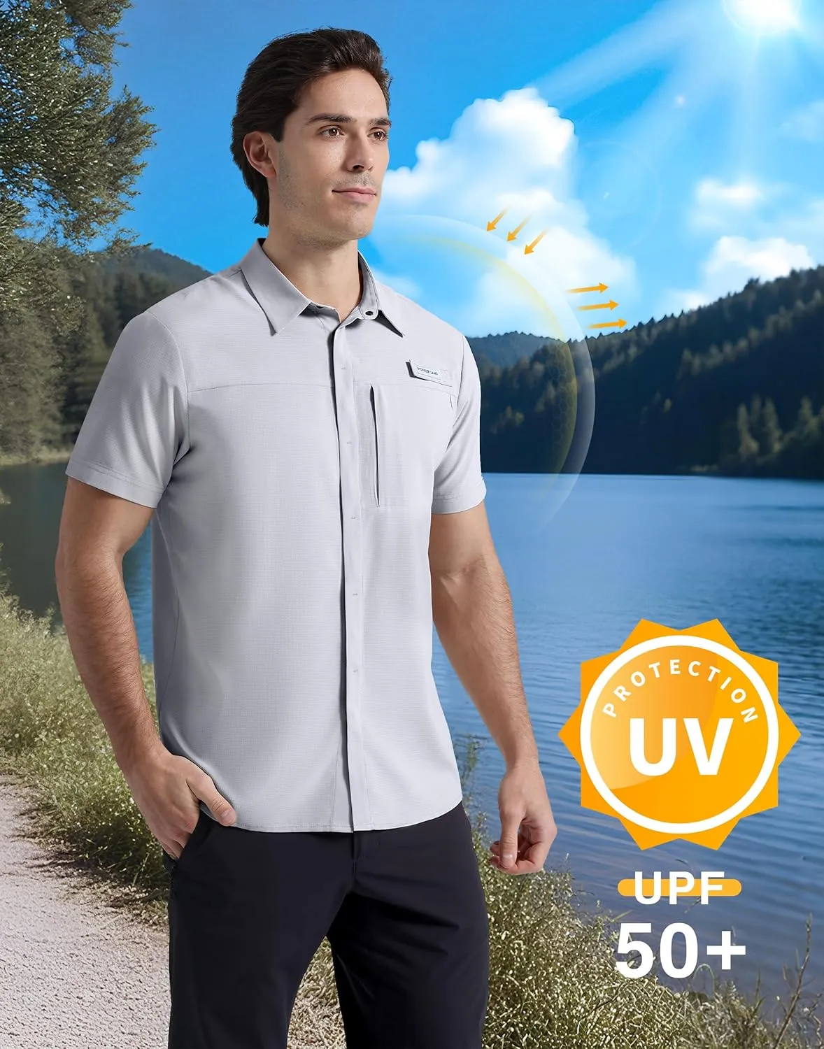 Pioneer Camp Men Fishing Shirts with Zipper Pocket UPF 50  Lightweight Casual Short Sleeve Button Down Shirts for Men Hiking
