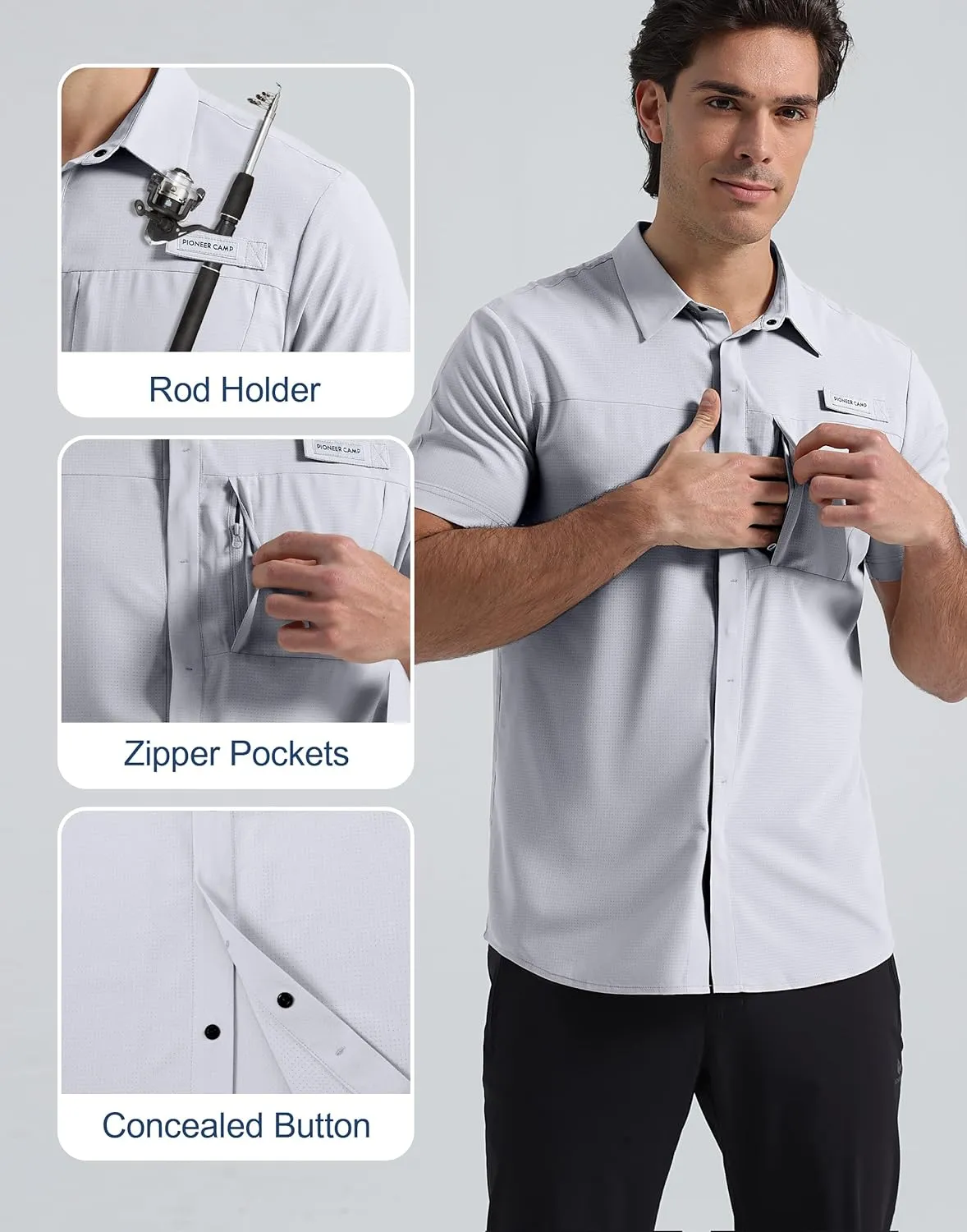 Pioneer Camp Men Fishing Shirts with Zipper Pocket UPF 50  Lightweight Casual Short Sleeve Button Down Shirts for Men Hiking