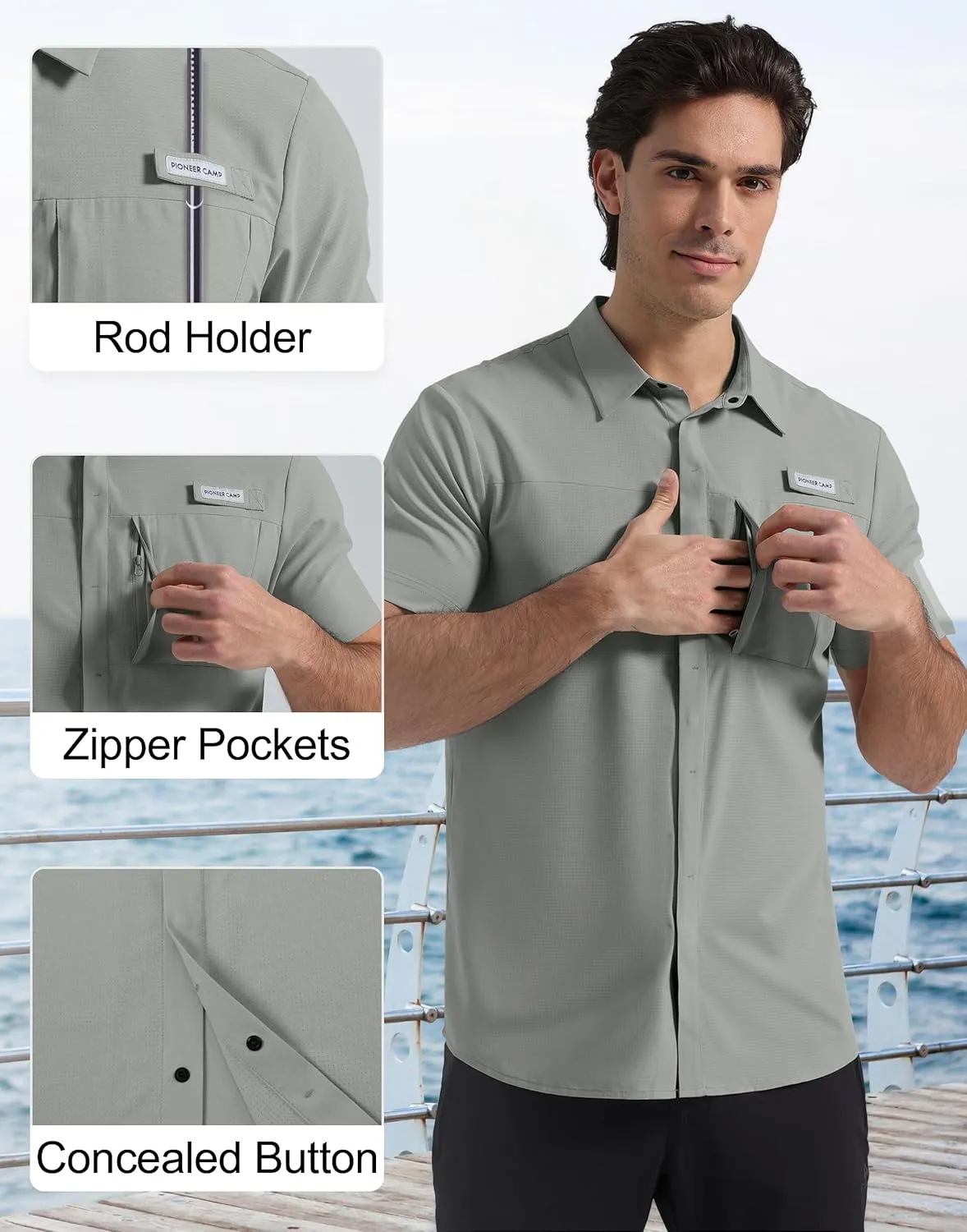 Pioneer Camp Men Fishing Shirts with Zipper Pocket UPF 50  Lightweight Casual Short Sleeve Button Down Shirts for Men Hiking