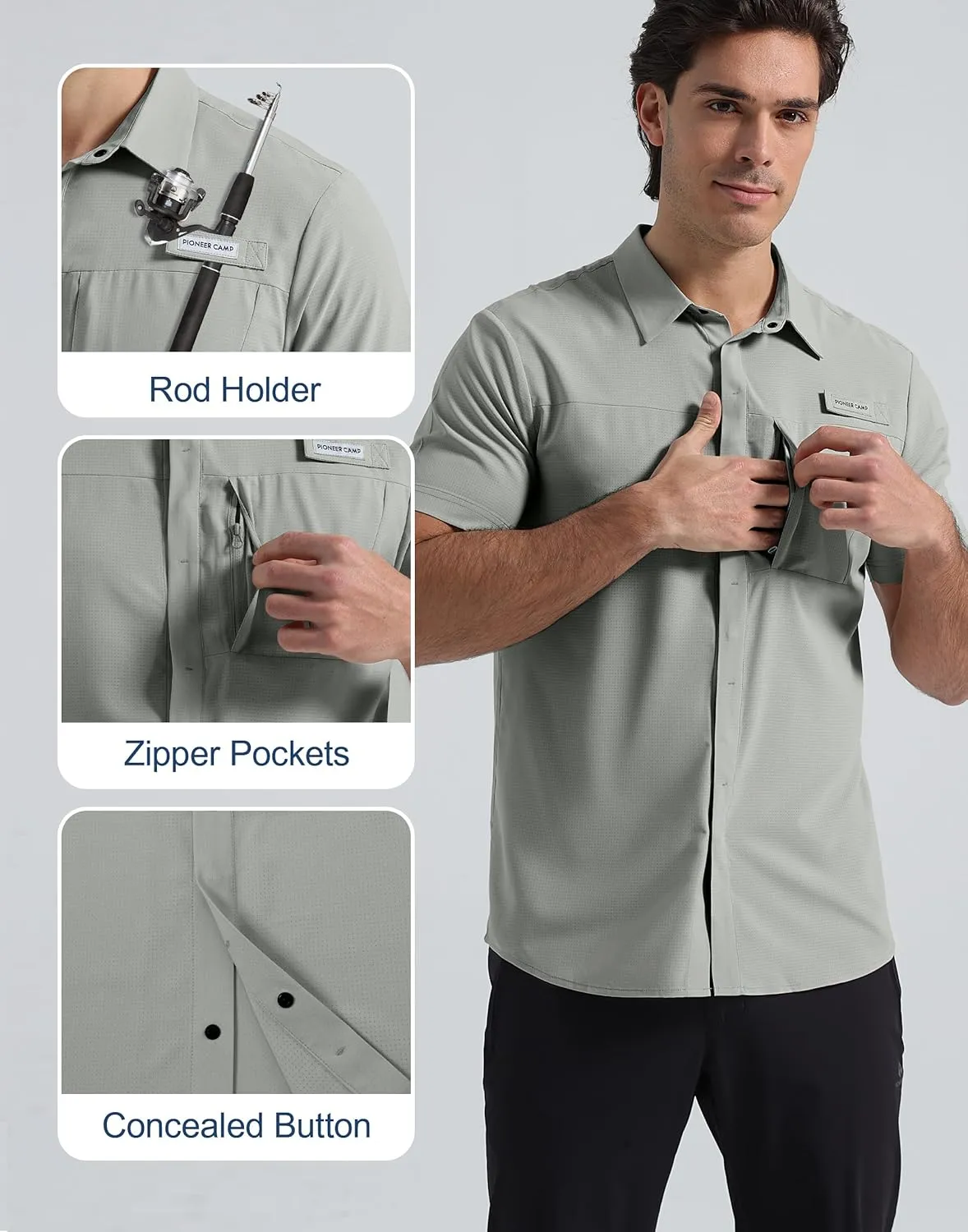 Pioneer Camp Men Fishing Shirts with Zipper Pocket UPF 50  Lightweight Casual Short Sleeve Button Down Shirts for Men Hiking