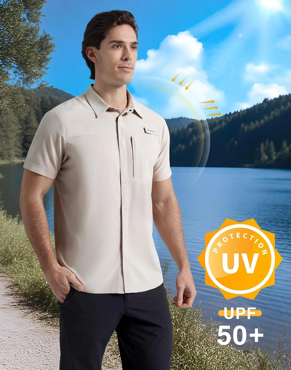 Pioneer Camp Men Fishing Shirts with Zipper Pocket UPF 50  Lightweight Casual Short Sleeve Button Down Shirts for Men Hiking