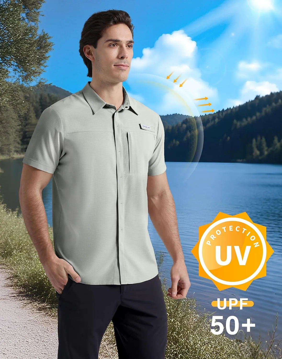 Pioneer Camp Men Fishing Shirts with Zipper Pocket UPF 50  Lightweight Casual Short Sleeve Button Down Shirts for Men Hiking
