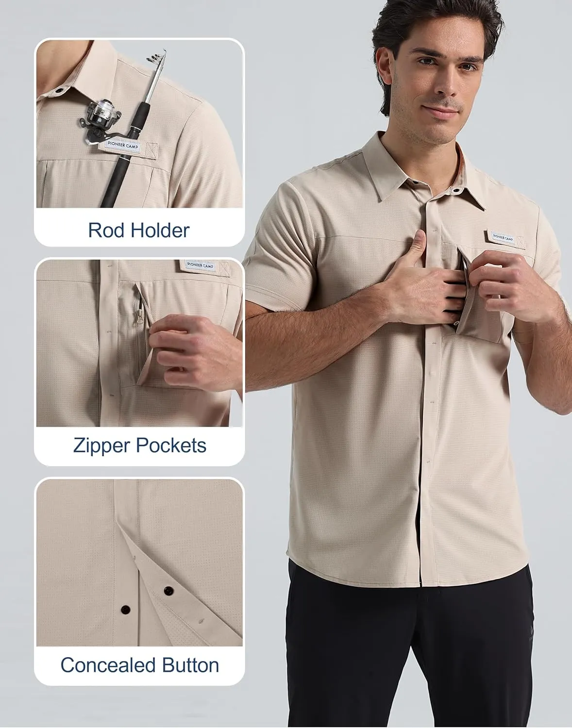 Pioneer Camp Men Fishing Shirts with Zipper Pocket UPF 50  Lightweight Casual Short Sleeve Button Down Shirts for Men Hiking