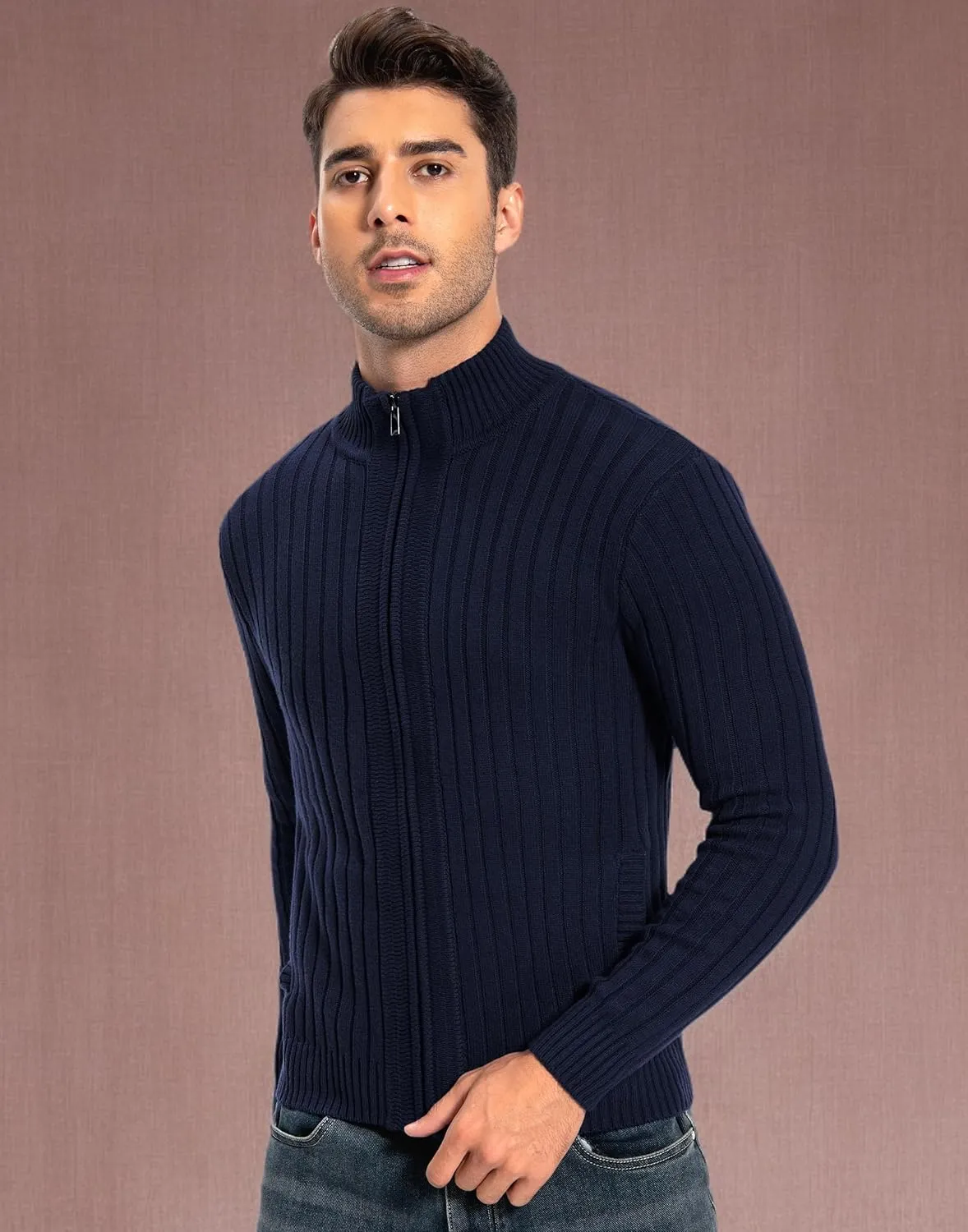 Pioneer Camp Men's Cardigan Sweaters Full Zip Up Stand Collar Slim Fit Casual Knitted Sweater with 2 Front Pockets