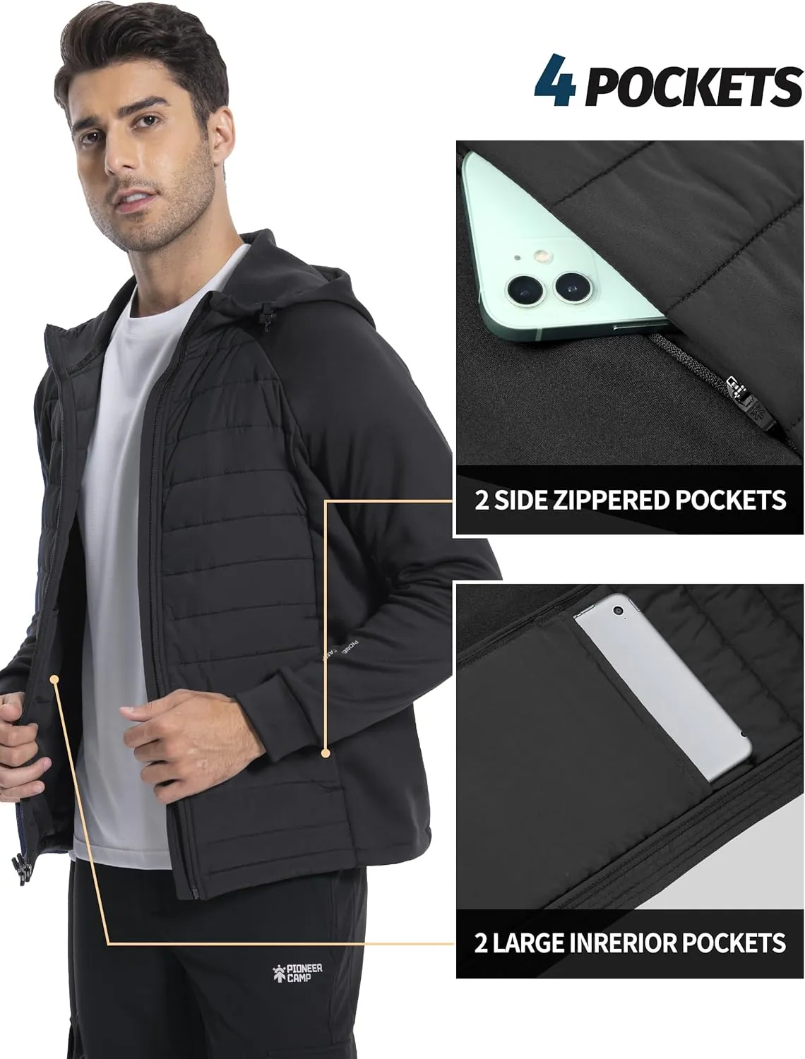 Pioneer Camp Men's Running Jacket Lightweight Puffer Jacket Hybrid Winter Warm Up Insulated Thermal Coat Hiking Golf Sports