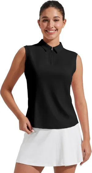 Pioneer Camp Women's Sleeveless Golf Polo Shirts Zip Up Elastic Quick Dry Lightweight Pickleball Tennis Summer Tops， Black， XS