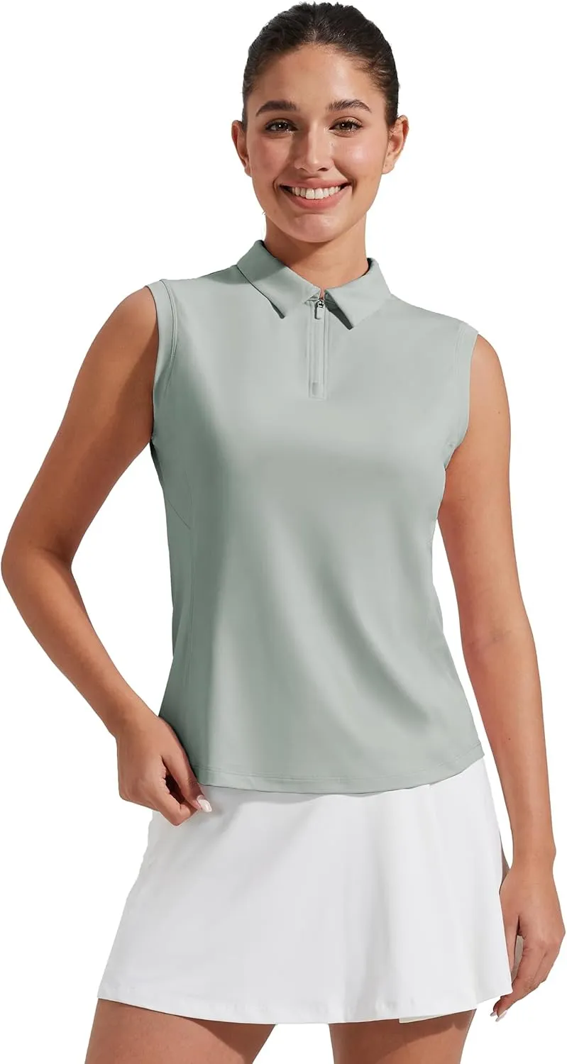 Pioneer Camp Women's Sleeveless Golf Polo Shirts Zip Up Elastic Quick Dry Lightweight Pickleball Tennis Summer Tops， Sage Green， XS