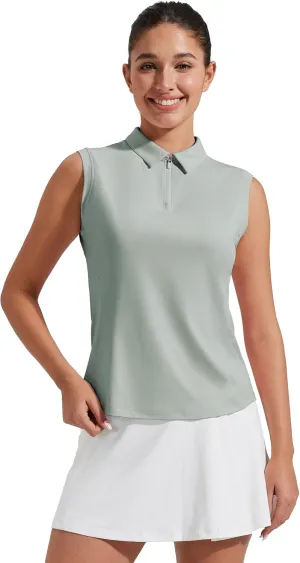 Pioneer Camp Women's Sleeveless Golf Polo Shirts Zip Up Elastic Quick Dry Lightweight Pickleball Tennis Summer Tops， Sage Green， XS