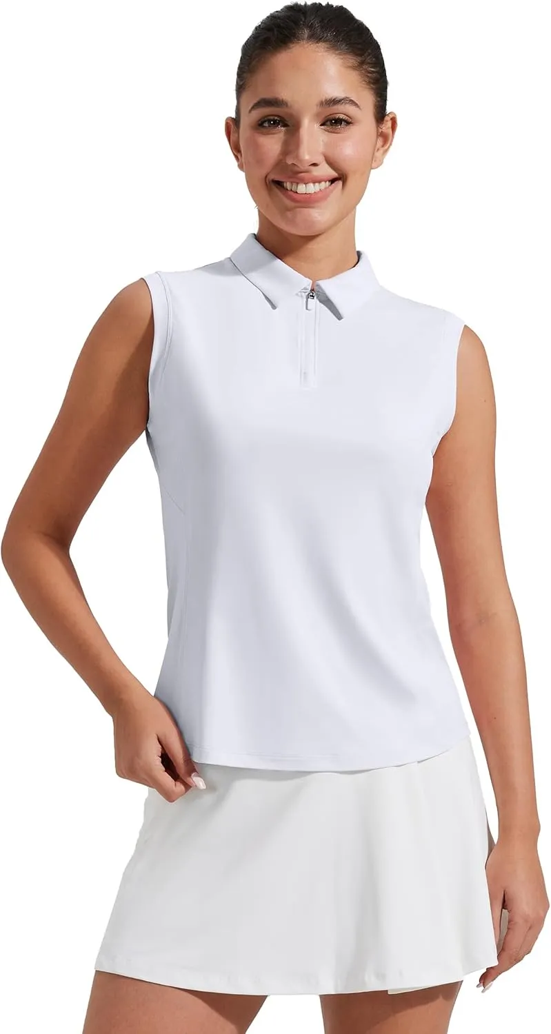 Pioneer Camp Women's Sleeveless Golf Polo Shirts Zip Up Elastic Quick Dry Lightweight Pickleball Tennis Summer Tops， White， XS