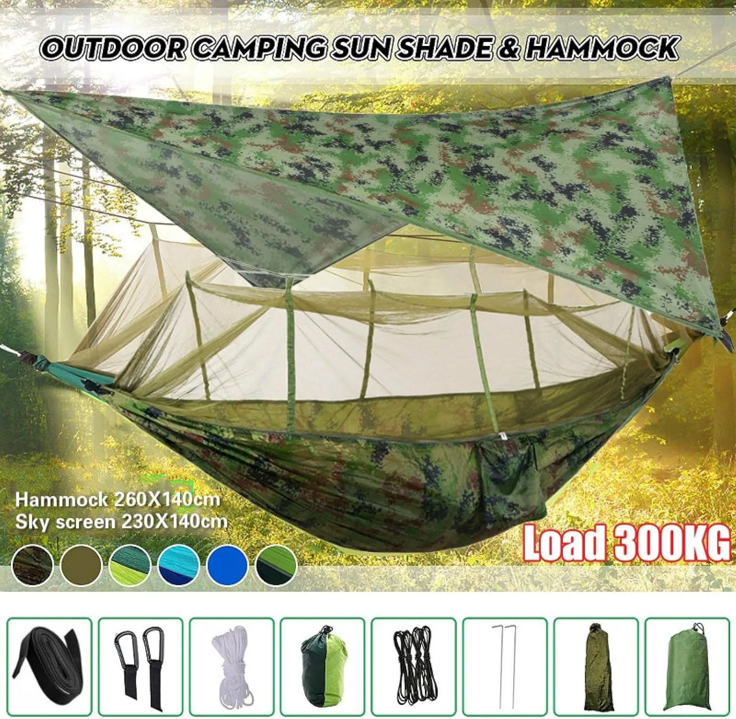 Portable Camping Hammock Lightweight and Tent Awning Rain Fly Tarp Waterproof Mosquito Net Hammock Canopy 210T Nylon Hammocks Blueandgreen