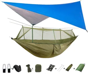 Portable Camping Hammock Lightweight and Tent Awning Rain Fly Tarp Waterproof Mosquito Net Hammock Canopy 210T Nylon Hammocks Blueandgreen