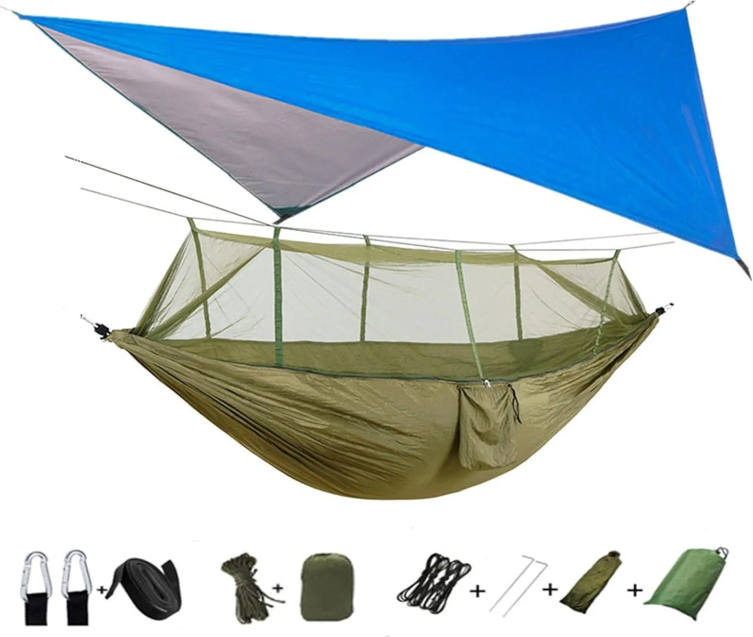 Portable Camping Hammock Lightweight and Tent Awning Rain Fly Tarp Waterproof Mosquito Net Hammock Canopy 210T Nylon Hammocks Blueandgreen