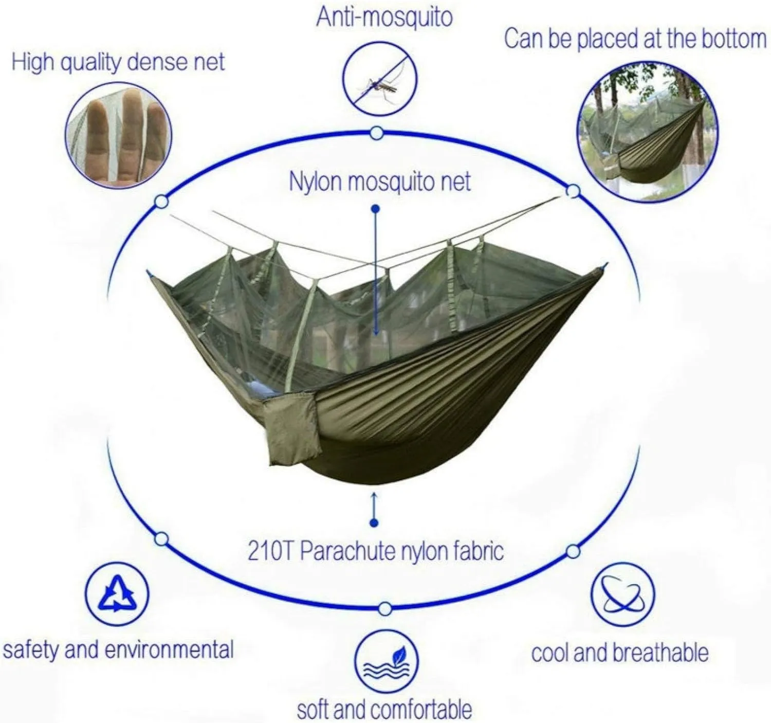 Portable Camping Hammock Lightweight and Tent Awning Rain Fly Tarp Waterproof Mosquito Net Hammock Canopy 210T Nylon Hammocks Blueandgreen