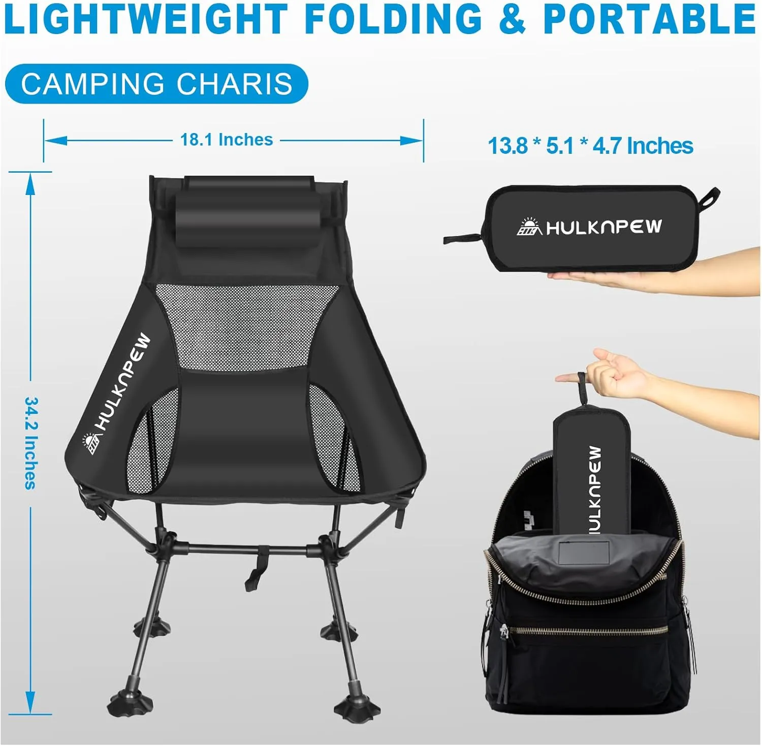 Portable Chairs, Ultralight Folding Camping Chair with Pillow Compact Folding Lawn Chairs for Camping, Travel, Hiking, Picnic and Adventures, Lightweight Chair Easy to Set up and Carry