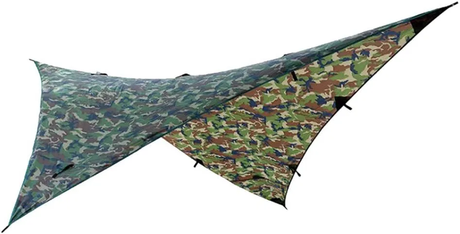 Portable Rainproof Hammock Tent Tarp Shelter, 190T Polyester Taffeta Fabric, Lightweight and to Carry, Reinforced Nylon Webbing, Care, Suitable for Camping (Military Camouflage)