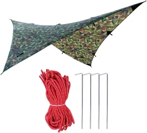 Portable Rainproof Hammock Tent Tarp Shelter, 190T Polyester Taffeta Fabric, Lightweight and to Carry, Reinforced Nylon Webbing, Care, Suitable for Camping (Military Camouflage)