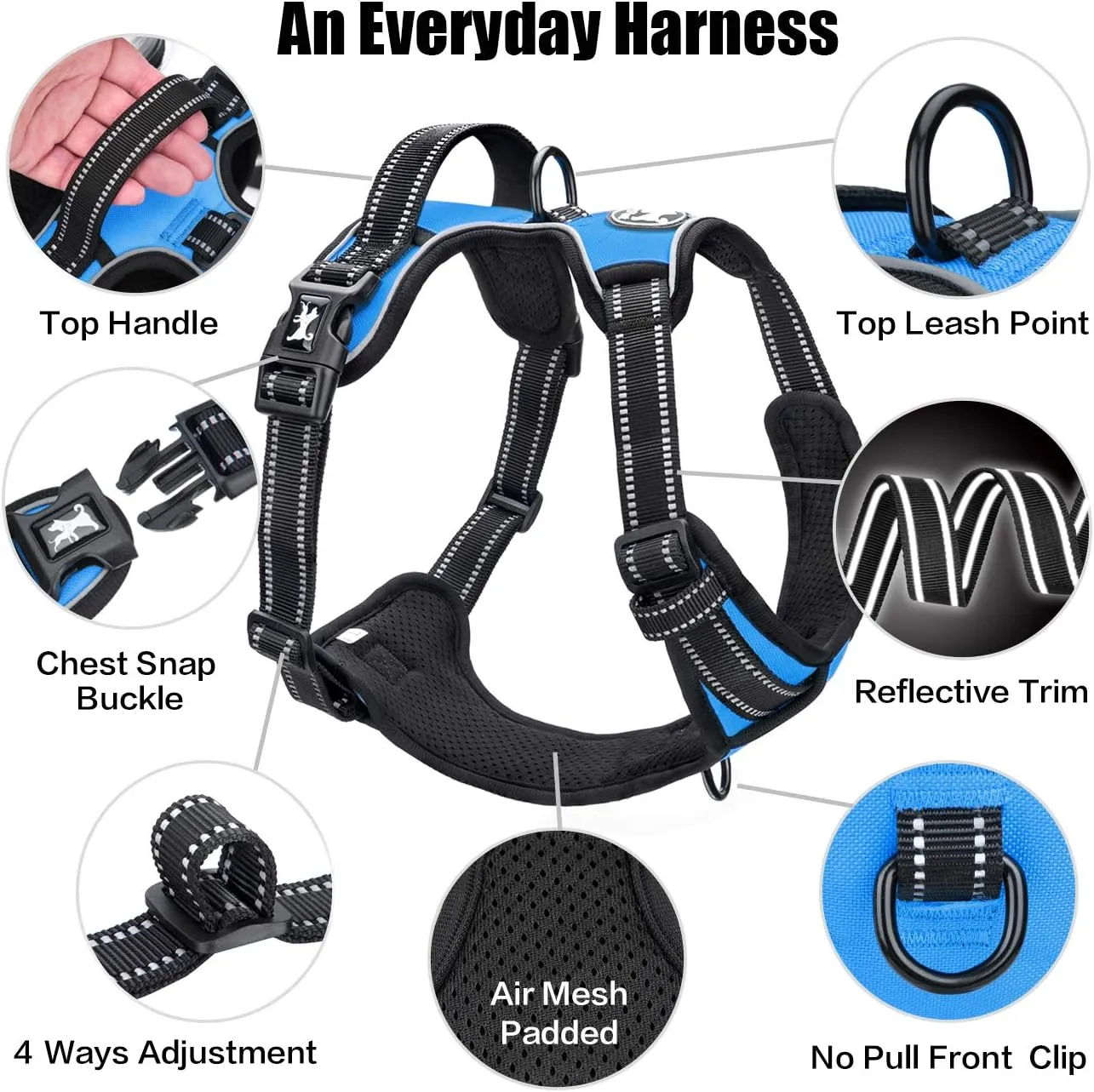 PoyPet No Pull Dog Harness, Reflective Comfortable Vest Harness with Front & Back 2 Leash Attachments and Easy Control Handle Adjustable Soft Padded Pet Vest for Small to Large Dogs (Blue,L)