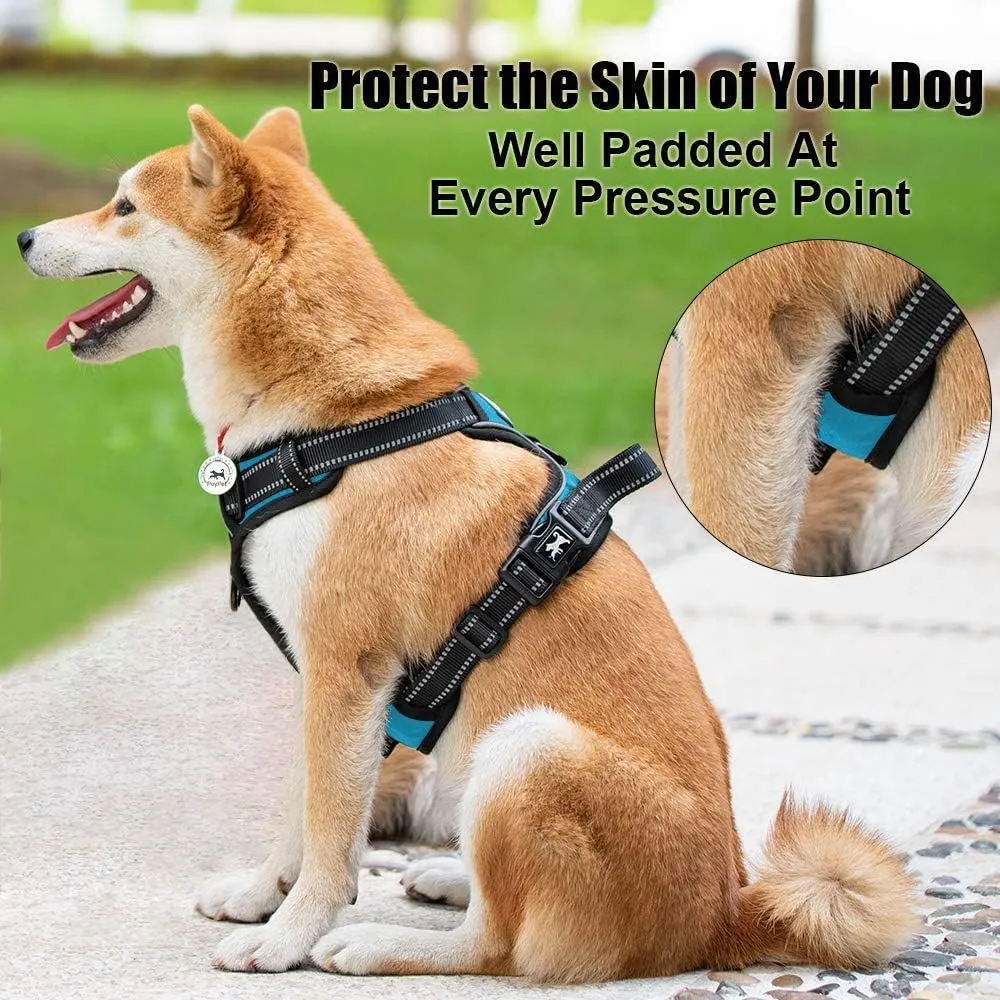 PoyPet No Pull Dog Harness, Reflective Comfortable Vest Harness with Front & Back 2 Leash Attachments and Easy Control Handle Adjustable Soft Padded Pet Vest for Small to Large Dogs (Blue,L)