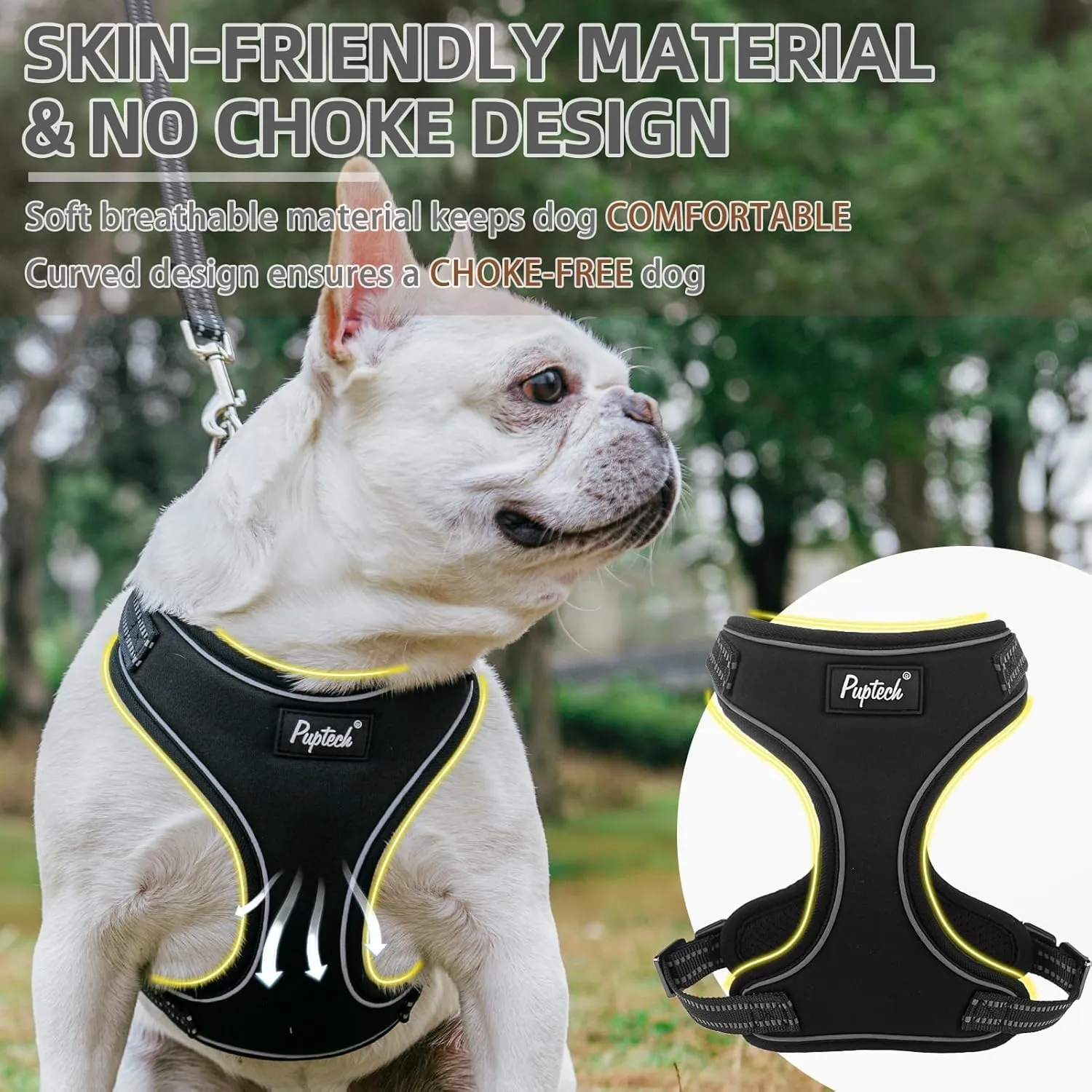 PUPTECK Dog Harness and Leash Set for Small Medium Sized Dogs, No Pull Dog Harness for Walking Training, Adjustable Reflective Puppy French Bulldog Frenchie Harness Soft Padded Vest, Black, L