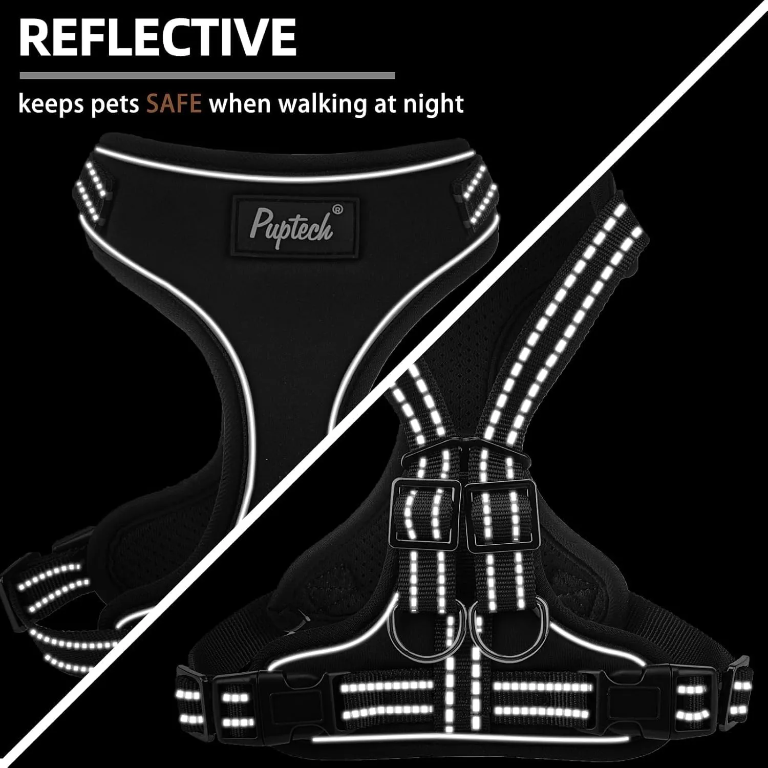 PUPTECK Dog Harness and Leash Set for Small Medium Sized Dogs, No Pull Dog Harness for Walking Training, Adjustable Reflective Puppy French Bulldog Frenchie Harness Soft Padded Vest, Black, L