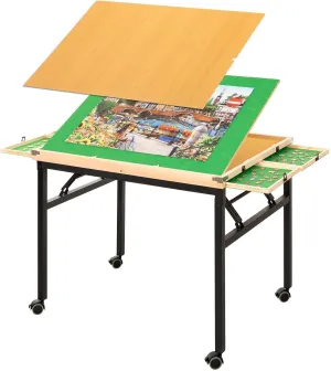 Puzzle Table and Board with 4 Drawers - Adjustable Tilting Angle, Wheels & No Assembly Folding Legs for 1500 Piece Jigsaw Puzzles - Wooden Cover Protection for Adults, Moms & Crafters